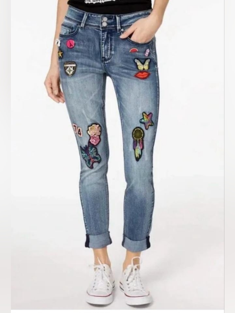 Indigo Rein Cropped Jeans , Embroidered Patch Denim Trendy Women's Retro Style